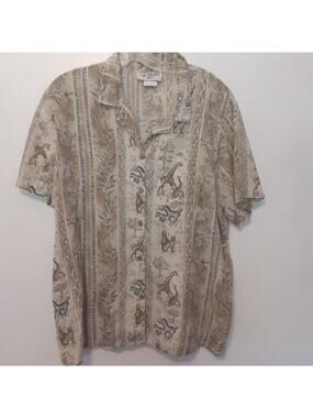 Vtg Paradise Bay Button Up Shirt Womens XL Beige Safari Animals Hawaiian
